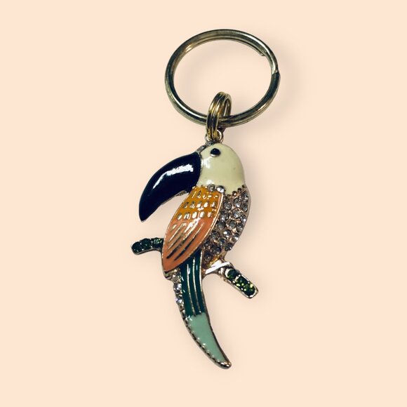 Parrot Keychain Keyring w/ Rhinestones - Exotic Bird Design - Gold-Tone Metal - Picture 1 of 2